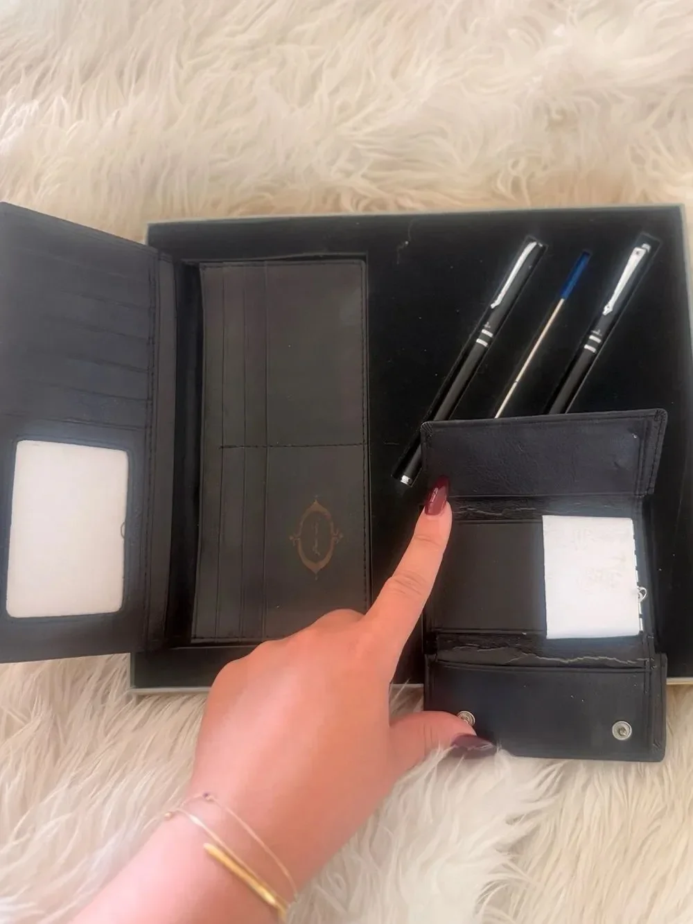 Black Leather Wallet & Card Case Gift Set with Black Pens